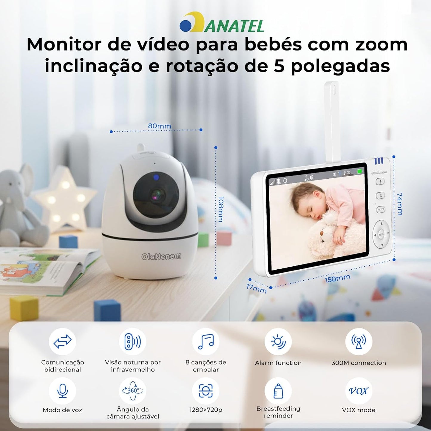 Babá Eletrônica HD com Tela de 5" e Visão Noturna