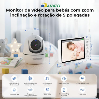 Babá Eletrônica HD com Tela de 5" e Visão Noturna